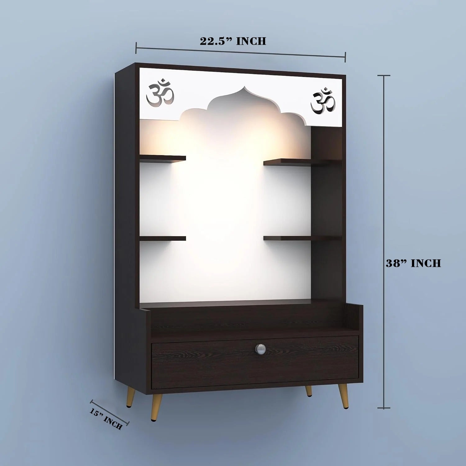 Modern Wooden Floor Pooja Mandir in Dark Finish with Open Shelves Om Engraving & Pull-Out Storage Drawer