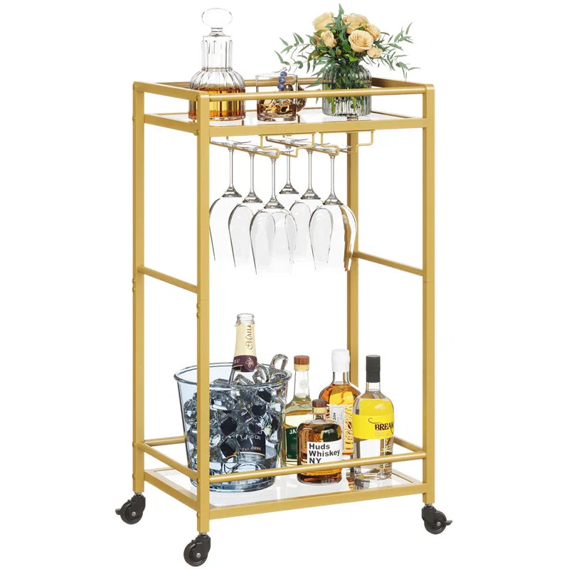 Rolling Golden Bar Cart with Bottle & Glass Organizer