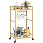Rolling Golden Bar Cart with Bottle & Glass Organizer