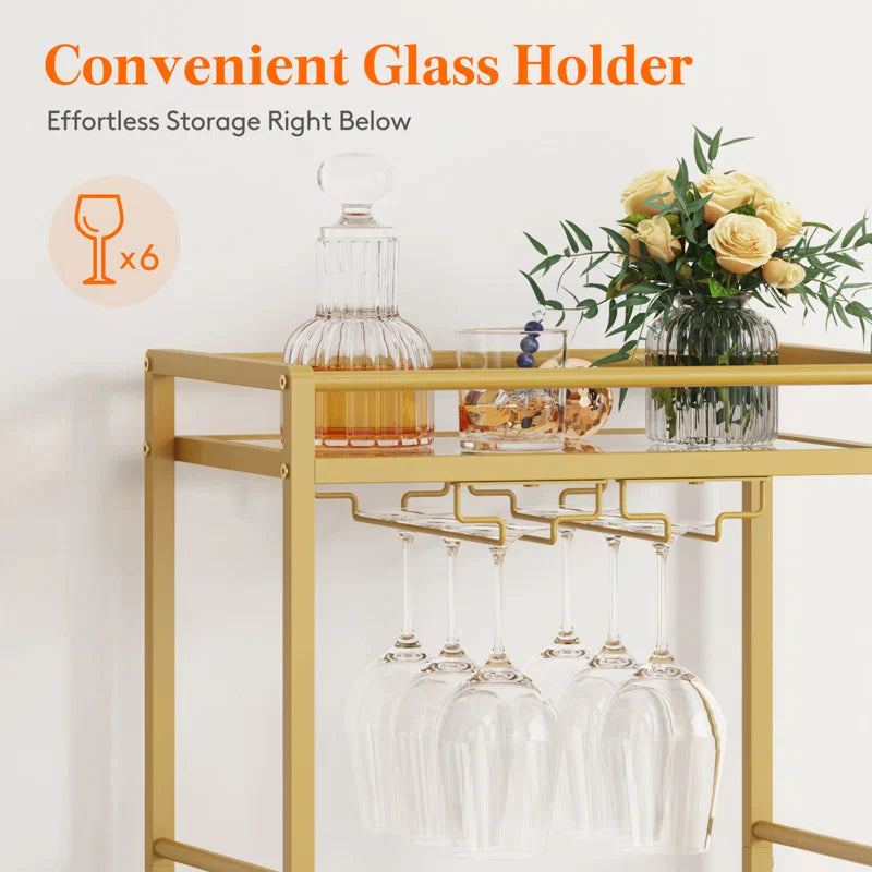 Rolling Golden Bar Cart with Bottle & Glass Organizer