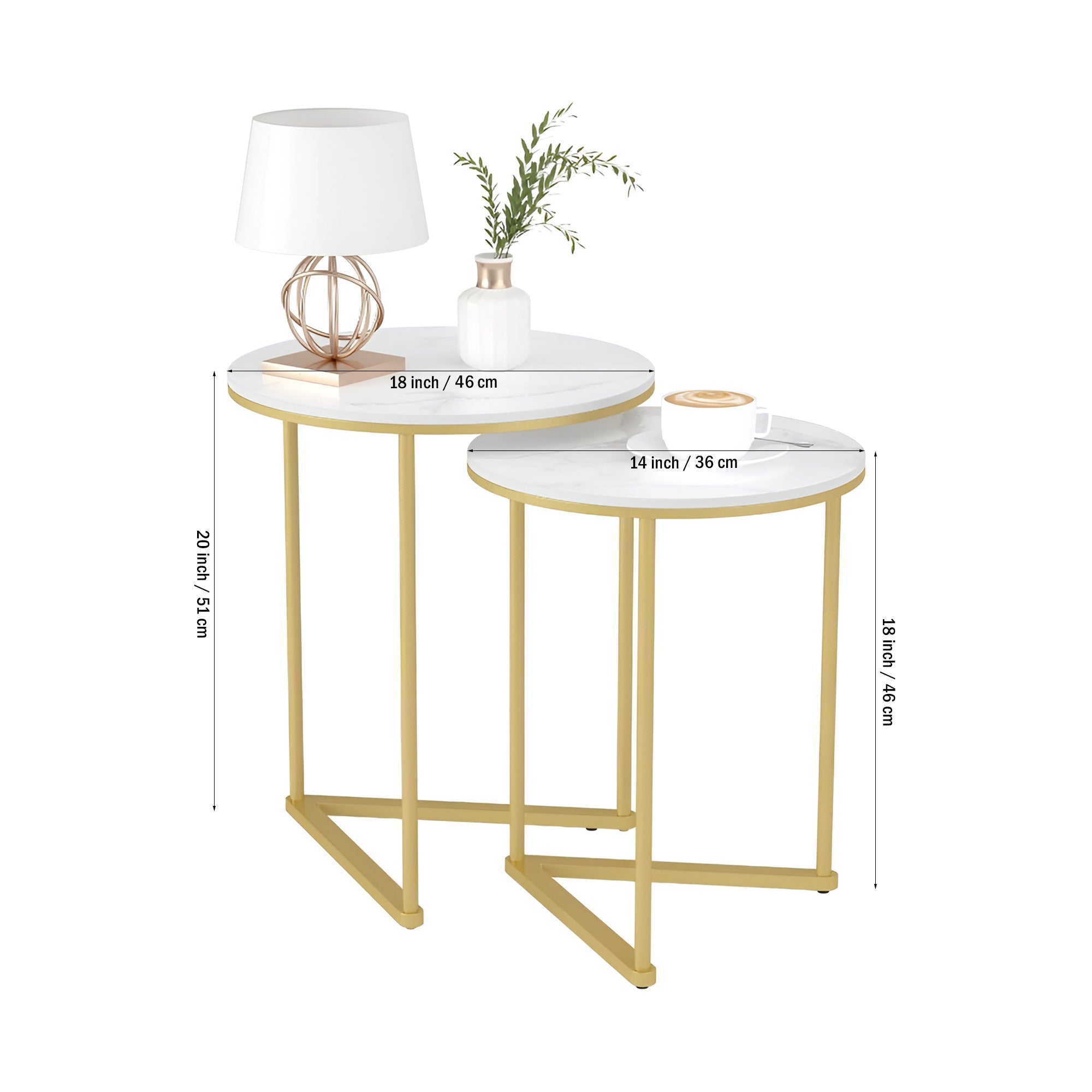 Round Shape Iron Stand Side Marble Table Set of 2