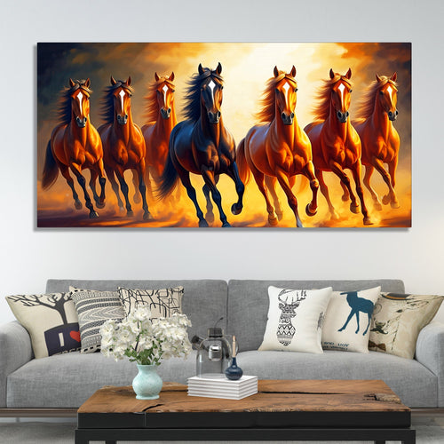 Seven Horses Running at Sunset Wooden Canvas Wall Painting