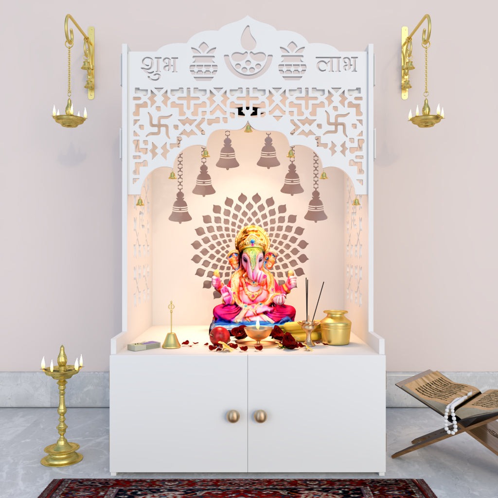 Shubh Labh Engraving White Wooden Floor Cabinet Home Temple