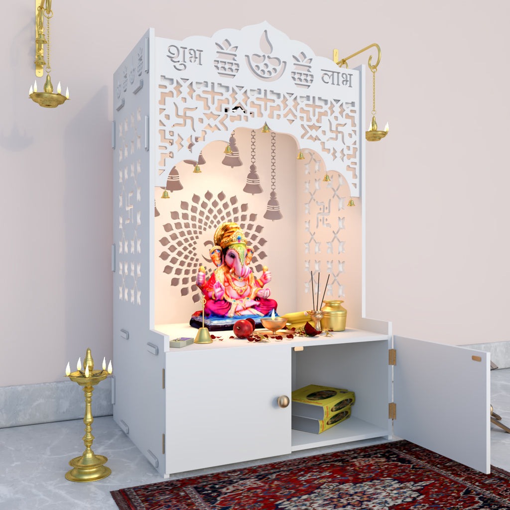 Shubh Labh Engraving White Wooden Floor Cabinet Home Temple