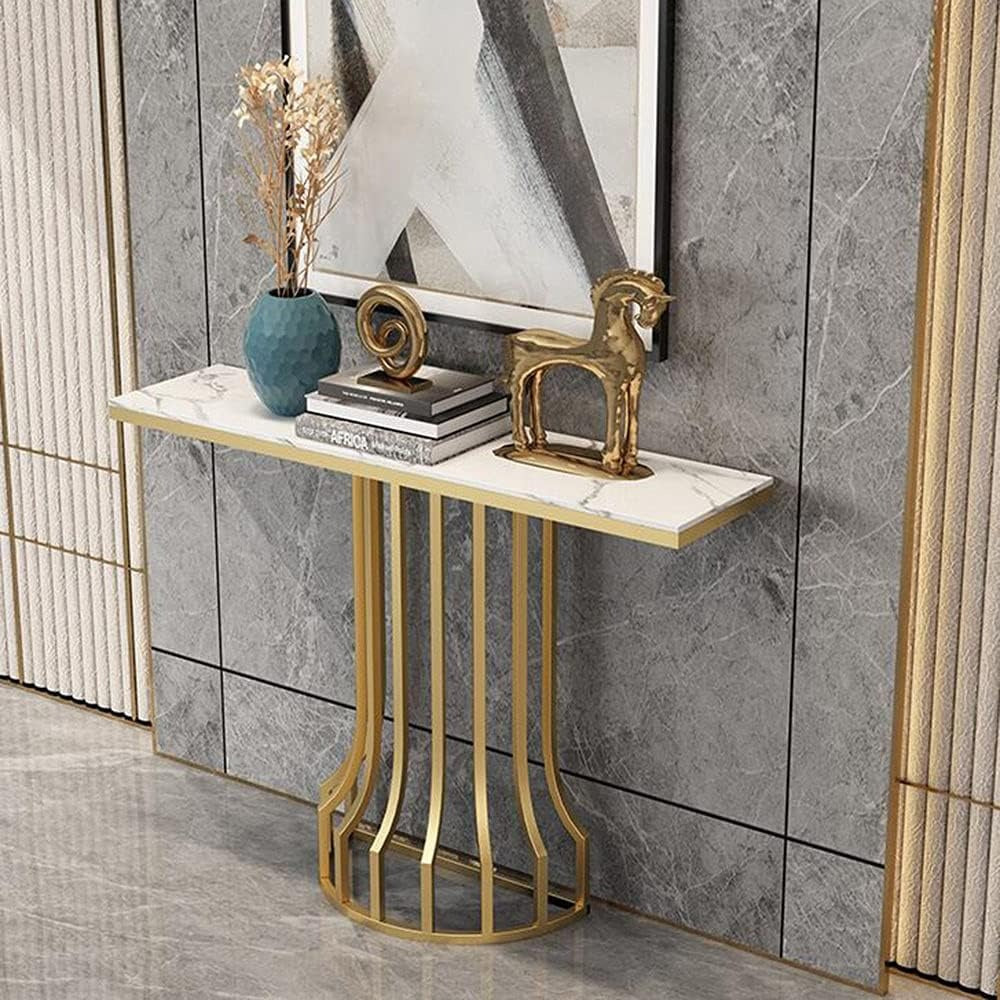 Sleek Black Marble Console Table with Gold Vertical Bar Base