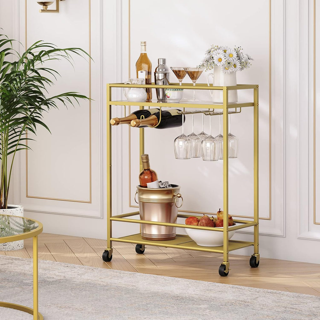 Sleek Gold Bar Cart Trolley with Wine Bottle & Glass Racks