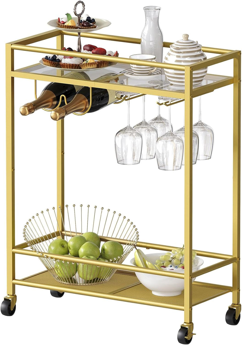 Sleek Gold Bar Cart Trolley with Wine Bottle & Glass Racks