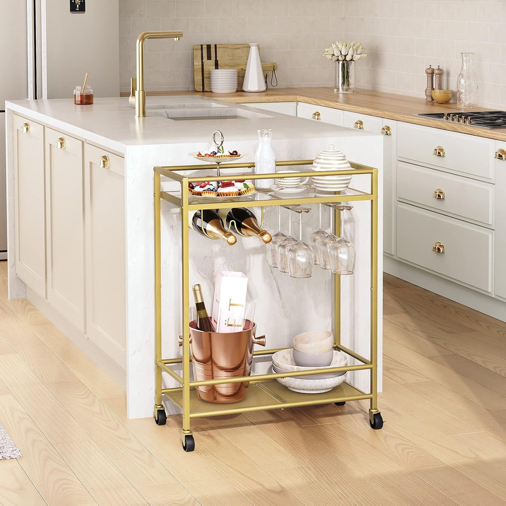 Sleek Gold Bar Cart Trolley with Wine Bottle & Glass Racks