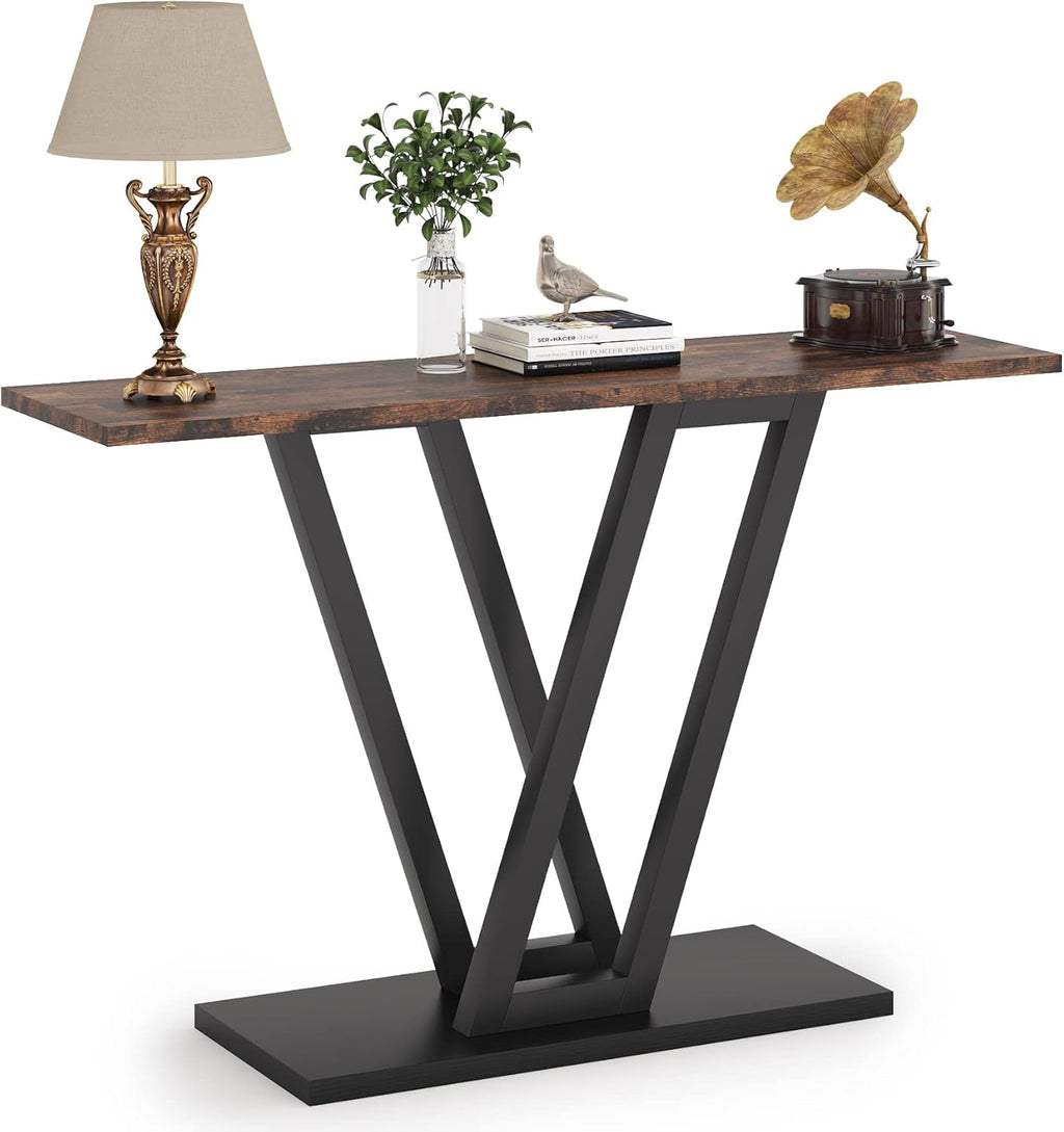 Sleek Industrial Console Table with Matte Black Frame and Wood Top