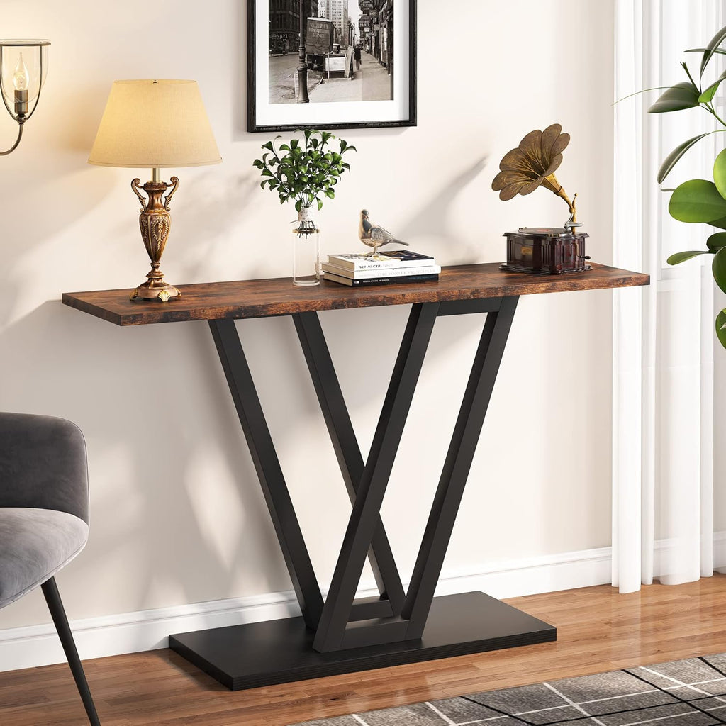 Sleek Industrial Console Table with Matte Black Frame and Wood Top
