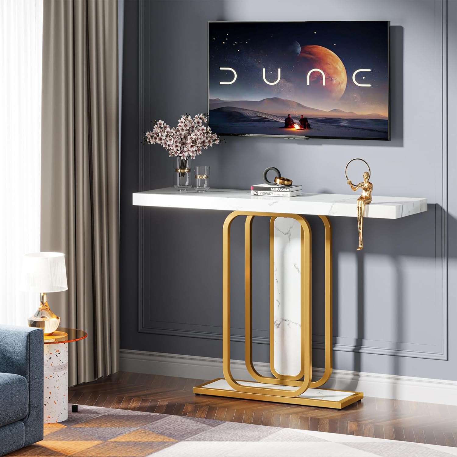 Sleek Marble Console Featuring White Marble and Gold Rectangle Frame
