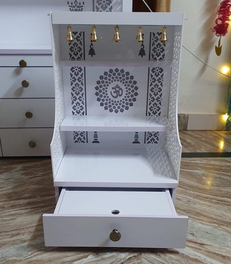 Small Home Mandir with Storage and Carved Floral Side Panels
