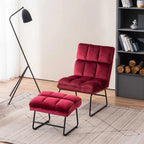 Square Tufted Rich Red Premium Velvet Chair with Footrest