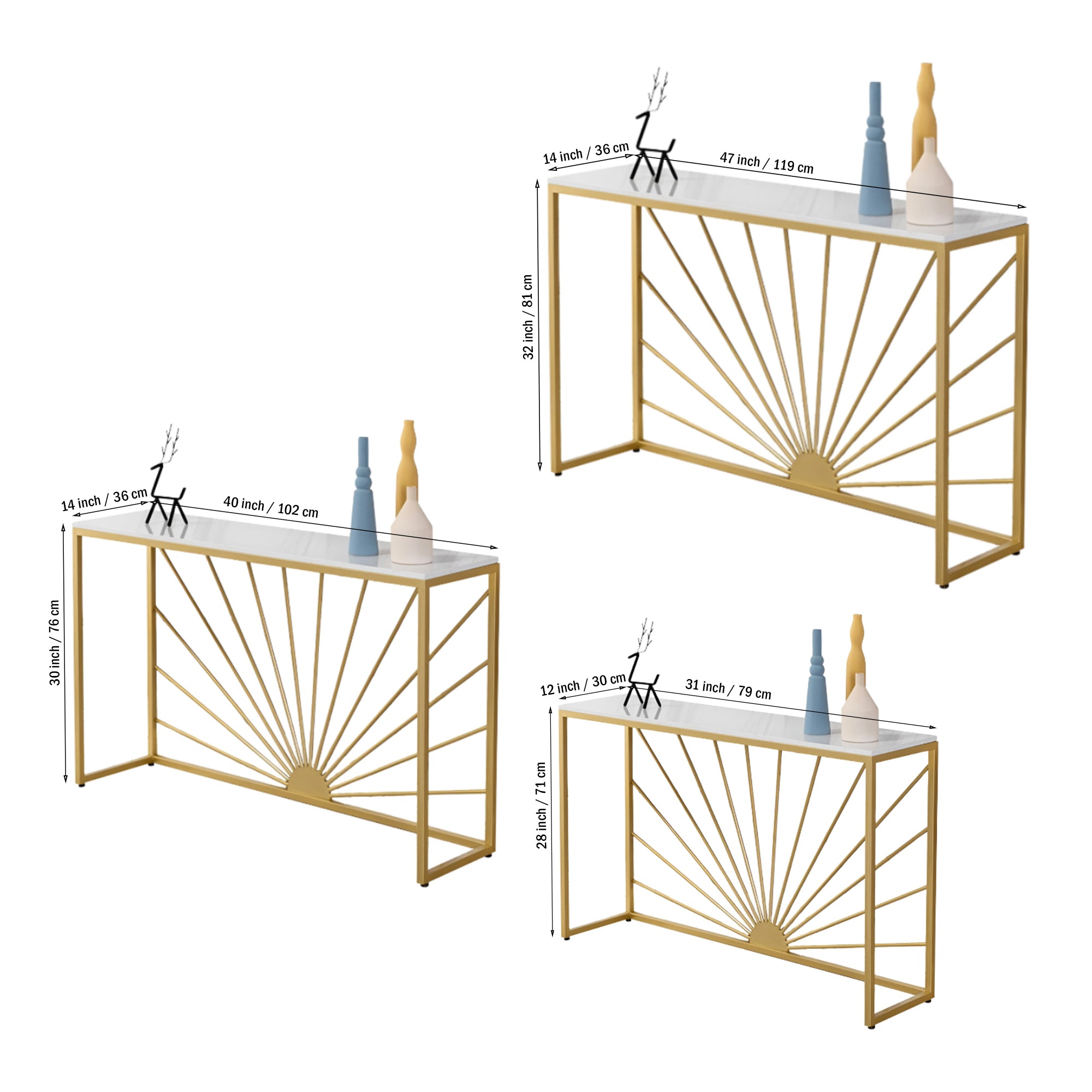 Sun Ray Pattern Designer White Marble Golden Console Table