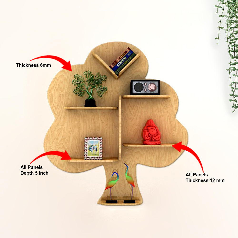 Tree Backlit Designer Wooden Wall Shelf – Light Oak Finish | Decorative Book Shelf & Night Light - Decorsmart