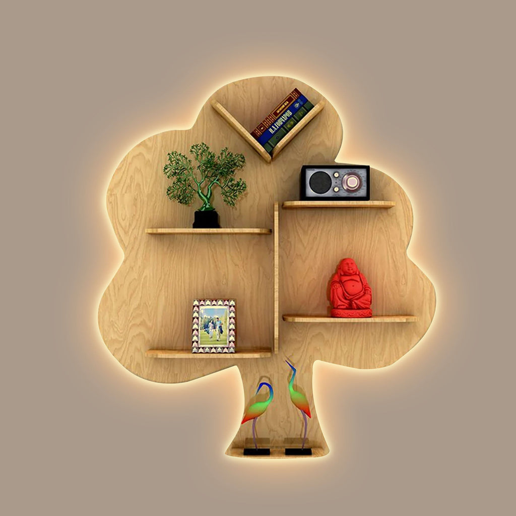 Tree Backlit Designer Wooden Wall Shelf – Light Oak Finish | Decorative Book Shelf & Night Light - Decorsmart