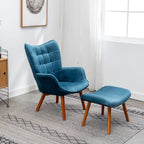 Tufted Curvy Long Back Sea Green Armchair with Ottoman