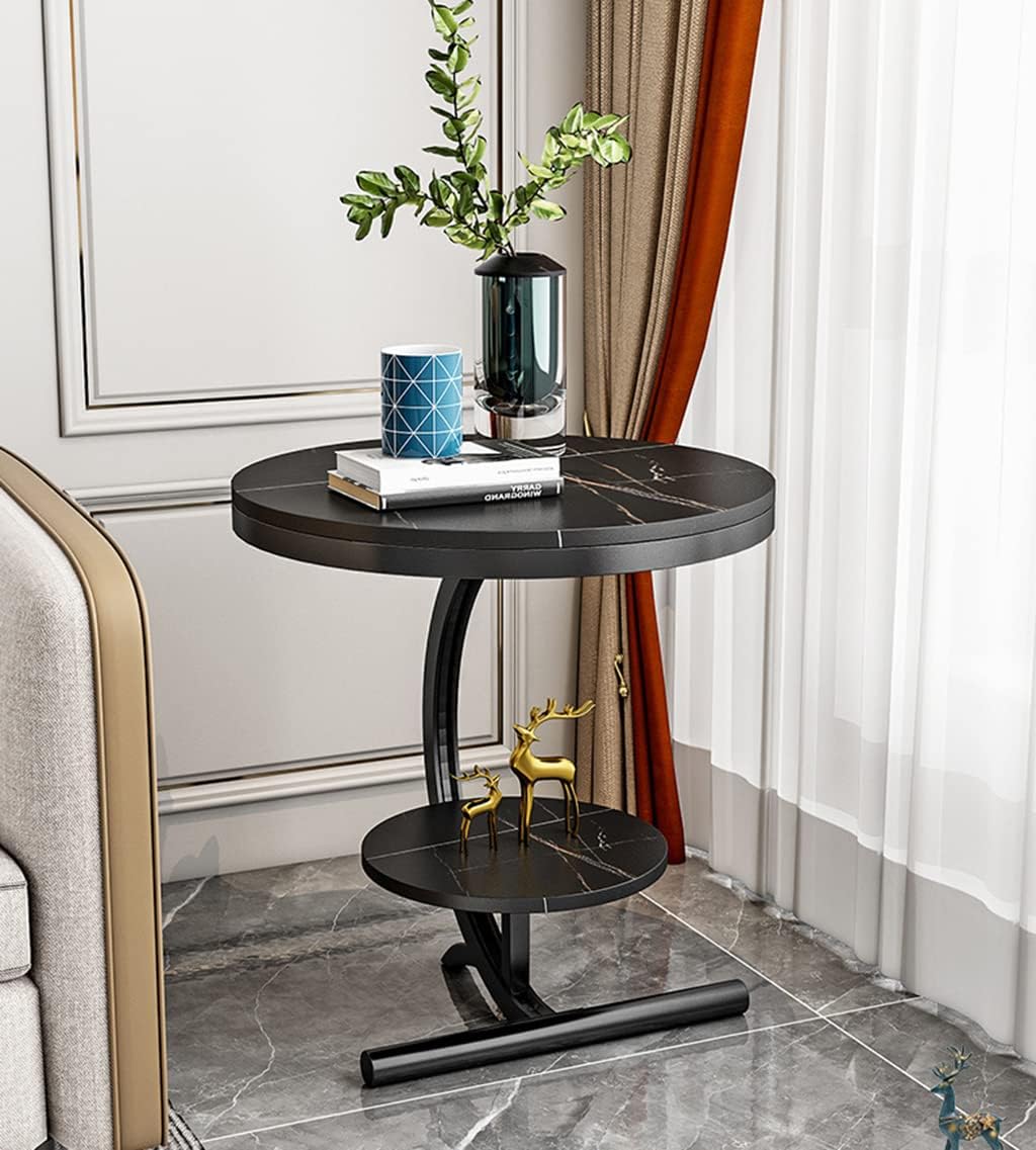 Two-Tier Stylish Round Contemporary Black Marble Side Table