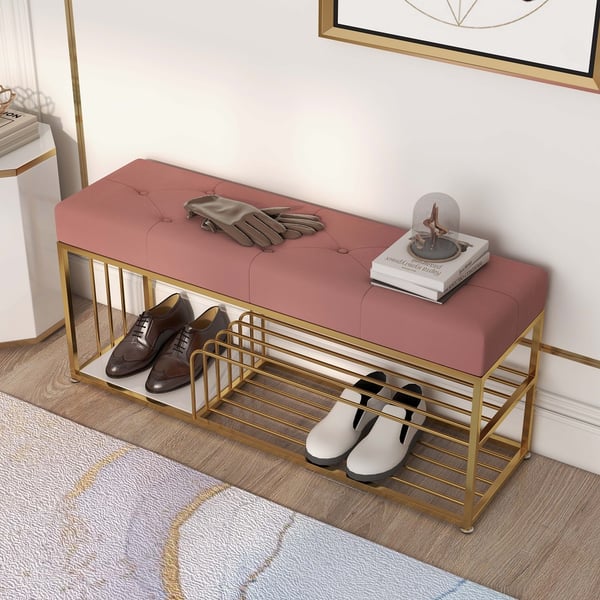Upholstered Pink Velvet Luxurious Golden Shoe Rack Bench Organizer