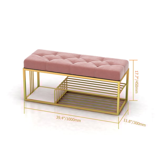 Upholstered Pink Velvet Luxurious Golden Shoe Rack Bench Organizer