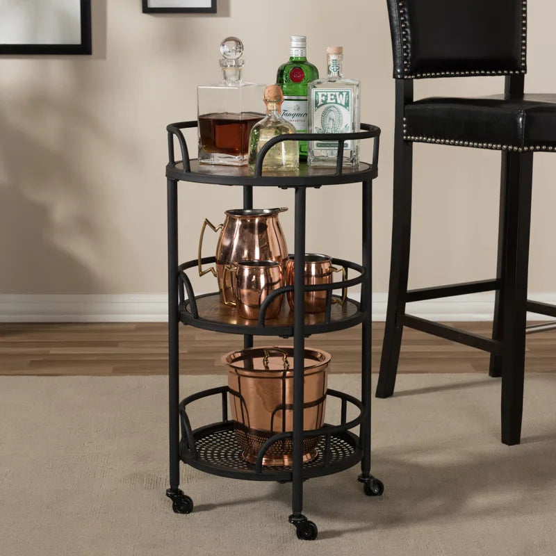 Vintage Round Bar Cart with Wood and Iron Finish