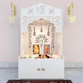 White Wooden Floor Pooja Mandir with Ik Onkar & Swastik Design Ornate Arch Laser-Cut Bell Motifs &Cabinet