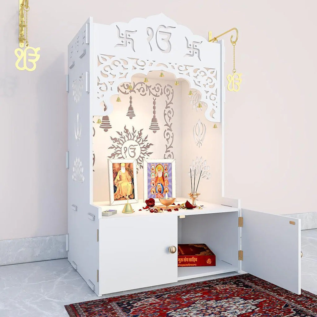White Wooden Floor Pooja Mandir with Ik Onkar & Swastik Design Ornate Arch Laser-Cut Bell Motifs &Cabinet