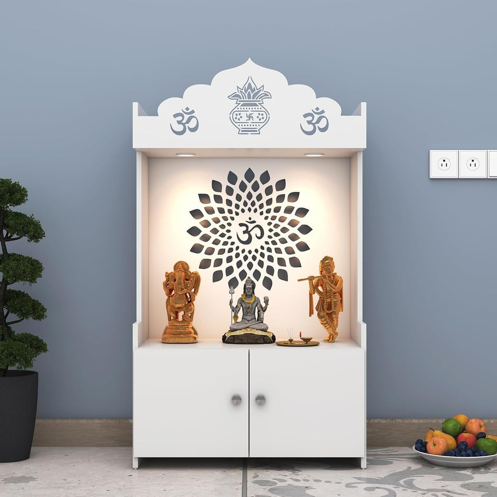 White Wooden Floor Pooja Mandir with Kalash & Om Top Design Lotus Pattern Back Panel Storage Cabinet