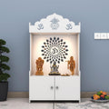 White Wooden Floor Pooja Mandir with Kalash & Om Top Design Lotus Pattern Back Panel Storage Cabinet
