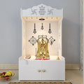 White Wooden Floor Pooja Mandir with Kalash & Swastik Design Laser-Cut Bell Shankh & Chakra Motifs & Storage Cabinet
