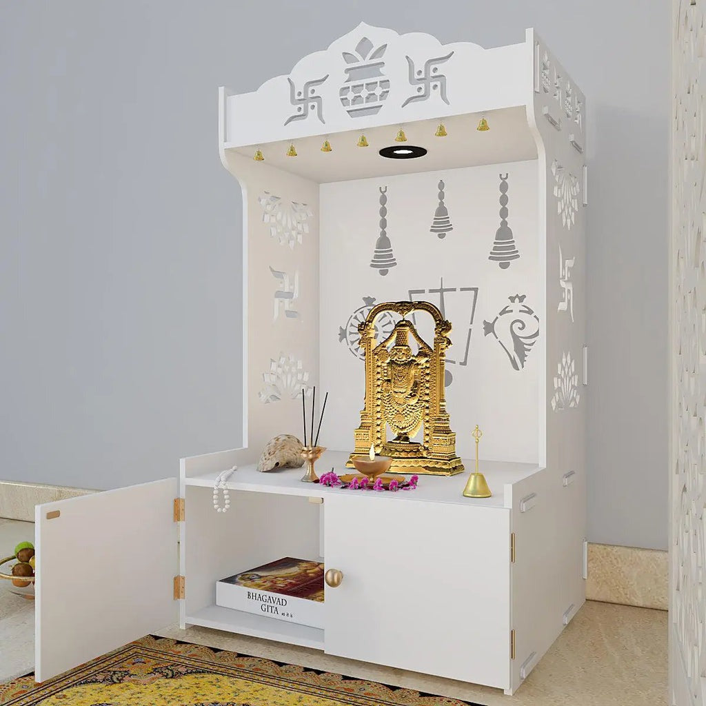 White Wooden Floor Pooja Mandir with Kalash & Swastik Design Laser-Cut Bell Shankh & Chakra Motifs & Storage Cabinet
