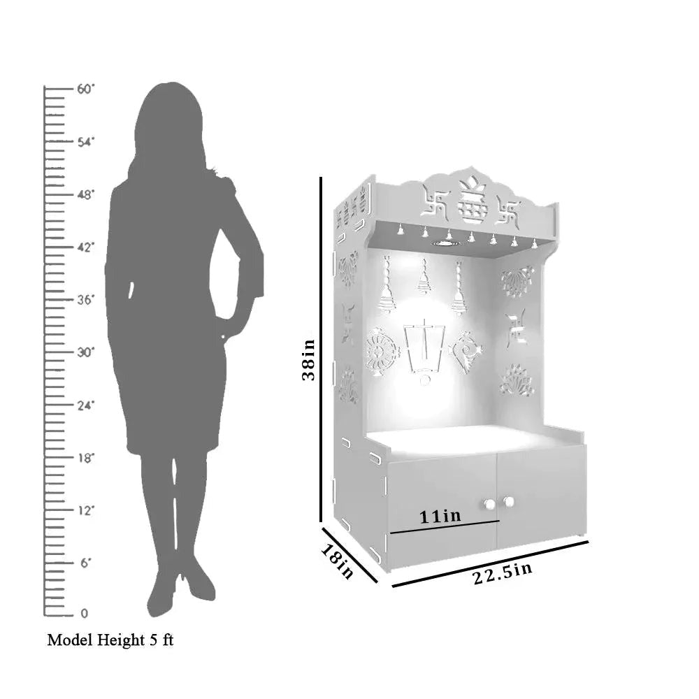 White Wooden Floor Pooja Mandir with Kalash & Swastik Design Laser-Cut Bell Shankh & Chakra Motifs & Storage Cabinet
