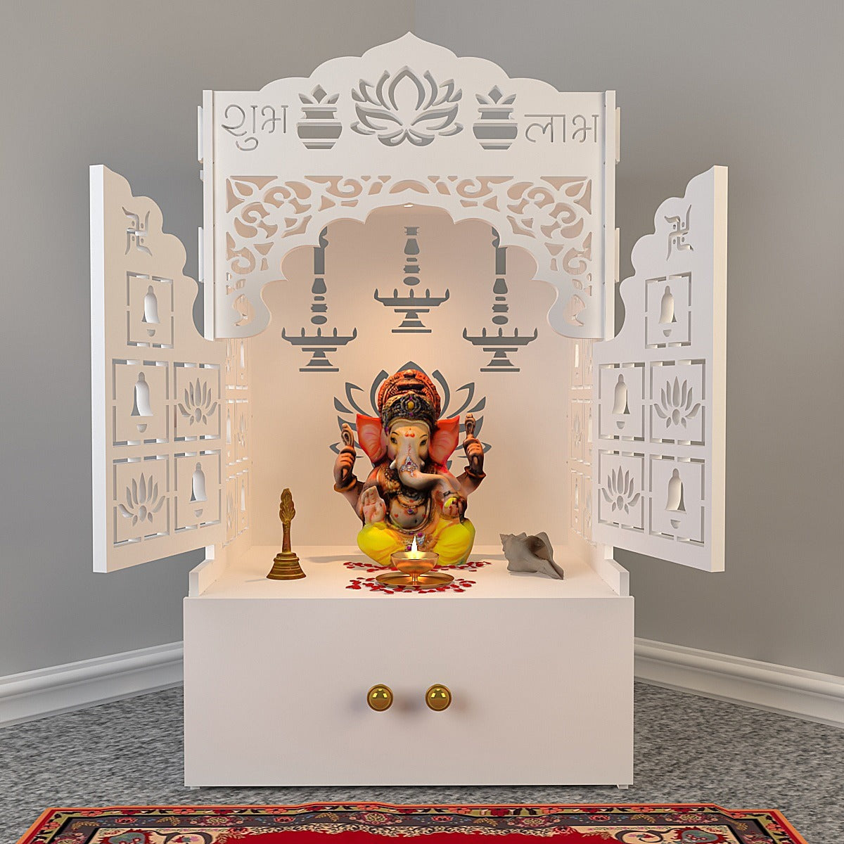 White Wooden Floor Pooja Mandir with Laser-Cut Lotus & Bell Doors Shubh Labh Design Hanging Diya Motifs & Storage Cabinet