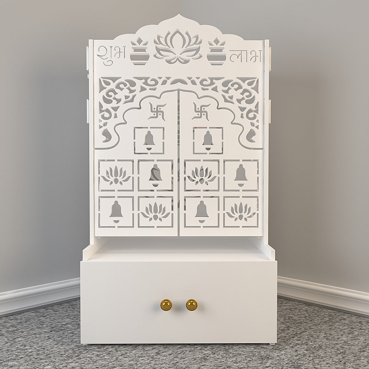 White Wooden Floor Pooja Mandir with Laser-Cut Lotus Om Design, Shubh Labh Motif, Bell Pattern Doors With Cabinet