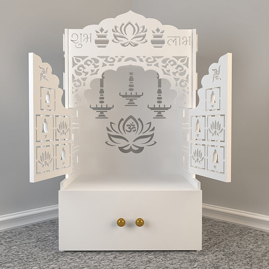 White Wooden Floor Pooja Mandir with Laser-Cut Lotus Om Design, Shubh Labh Motif, Bell Pattern Doors With Cabinet