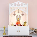 White Wooden Floor Pooja Mandir with Shubh Labh Design Floral & Peacock Feather Motifs Laser-Cut Panels & Storage Cabinet
