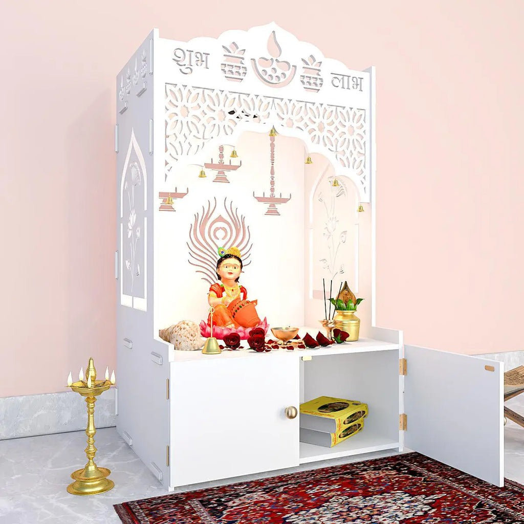 White Wooden Floor Pooja Mandir with Shubh Labh Design Floral & Peacock Feather Motifs Laser-Cut Panels & Storage Cabinet