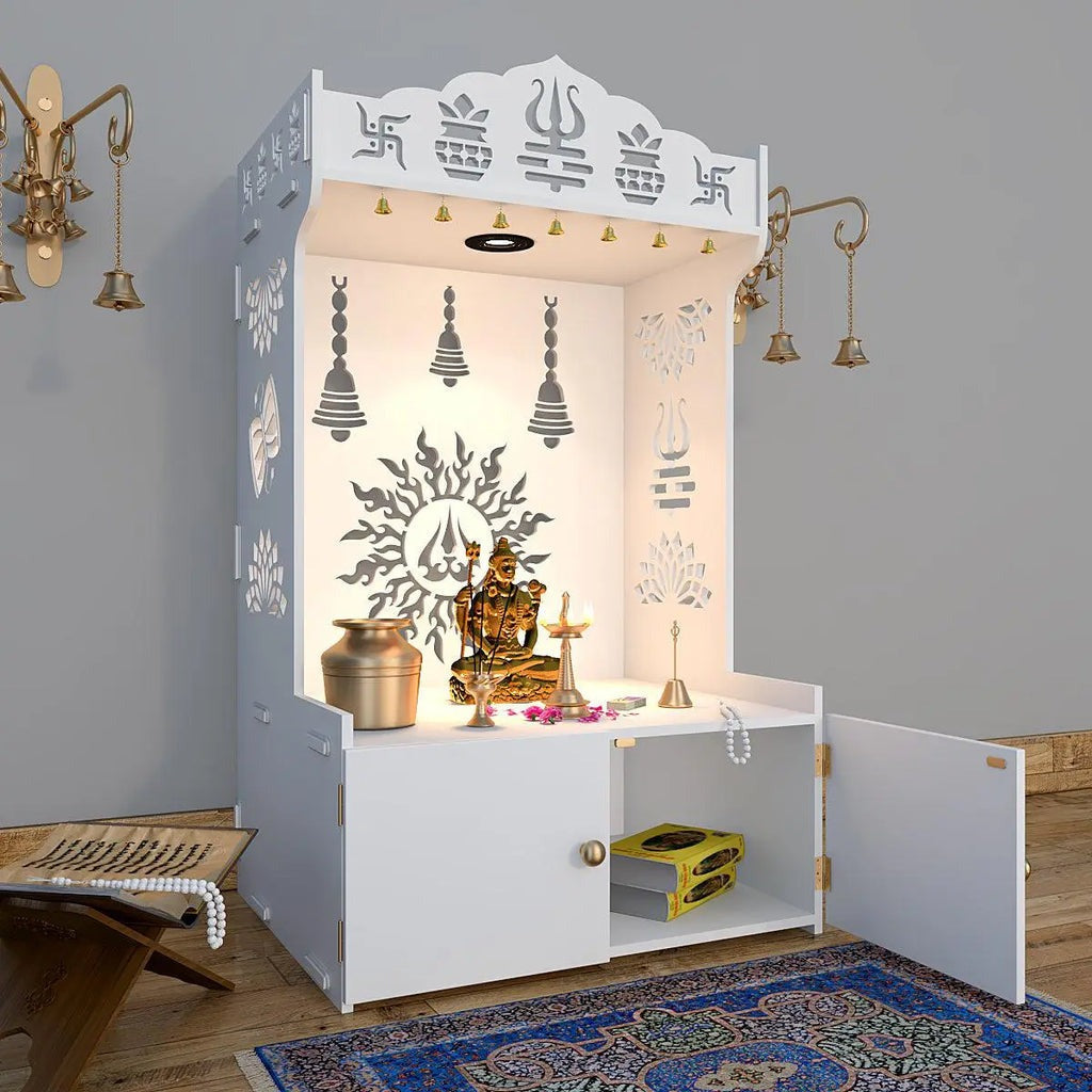 White Wooden Floor Pooja Mandir with Trishul & Kalash Design Laser-Cut Bell & Lotus Motifs & Storage Cabinet
