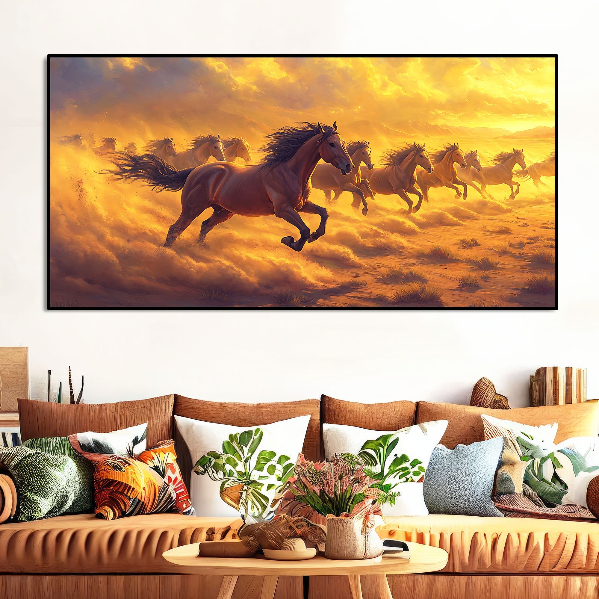 Wild Horses Running at Sunset Wooden Canvas Wall Painting