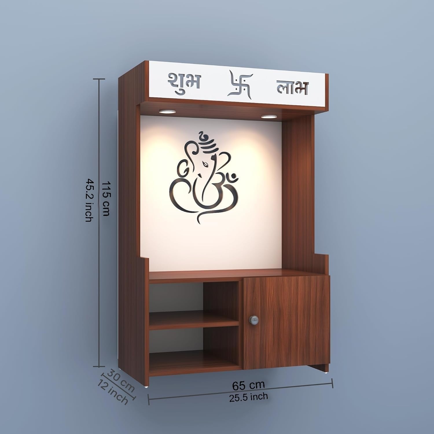 Wooden Floor Pooja Mandir with Ganesh Om Back Panel Shubh Labh Top Design & Cabinet