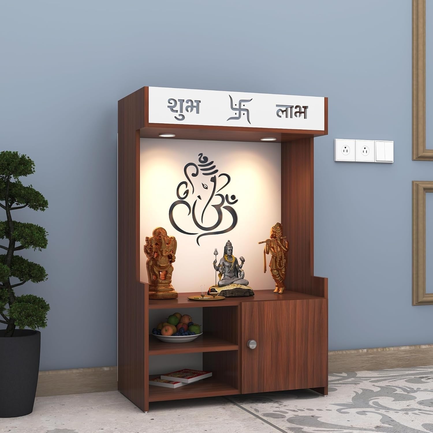 Wooden Floor Pooja Mandir with Ganesh Om Back Panel Shubh Labh Top Design & Cabinet