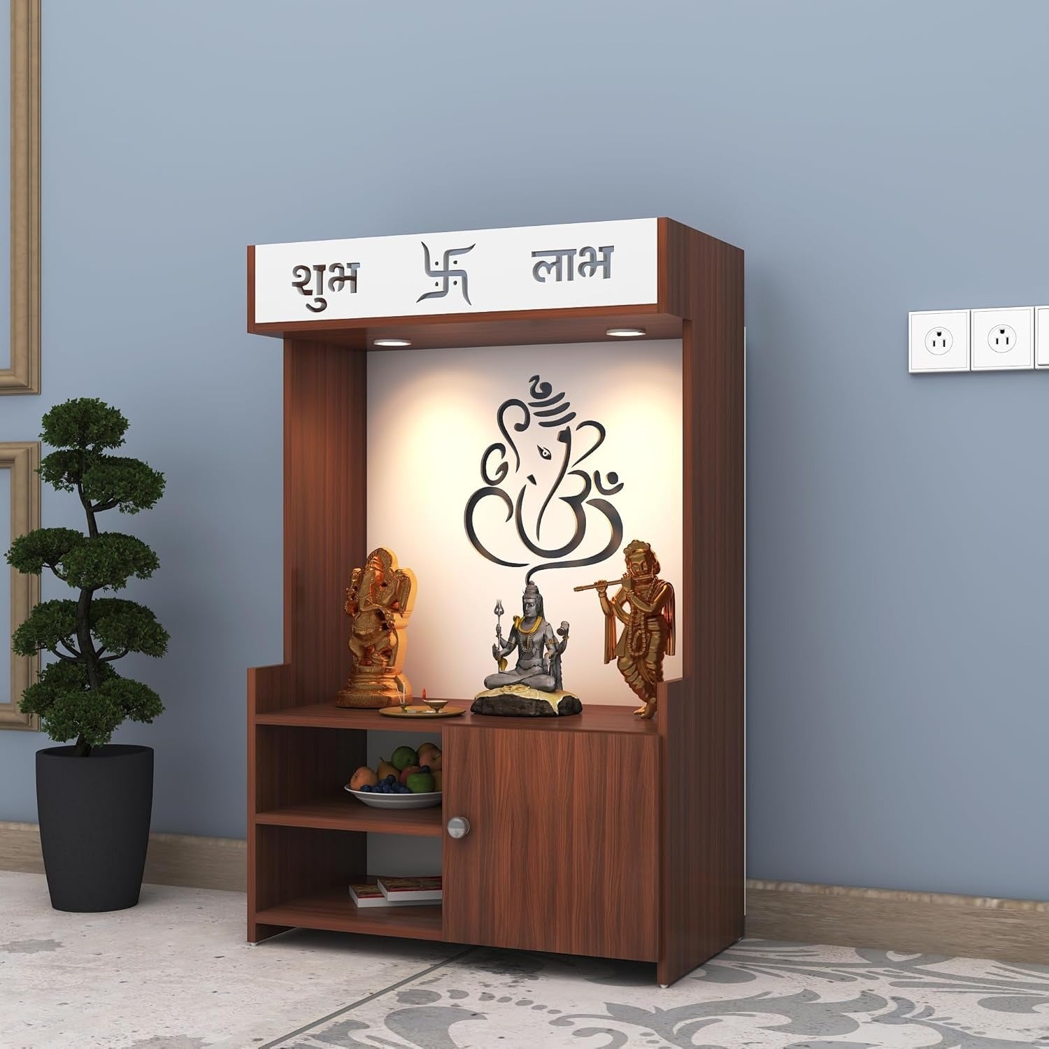 Wooden Floor Pooja Mandir with Ganesh Om Back Panel Shubh Labh Top Design & Cabinet