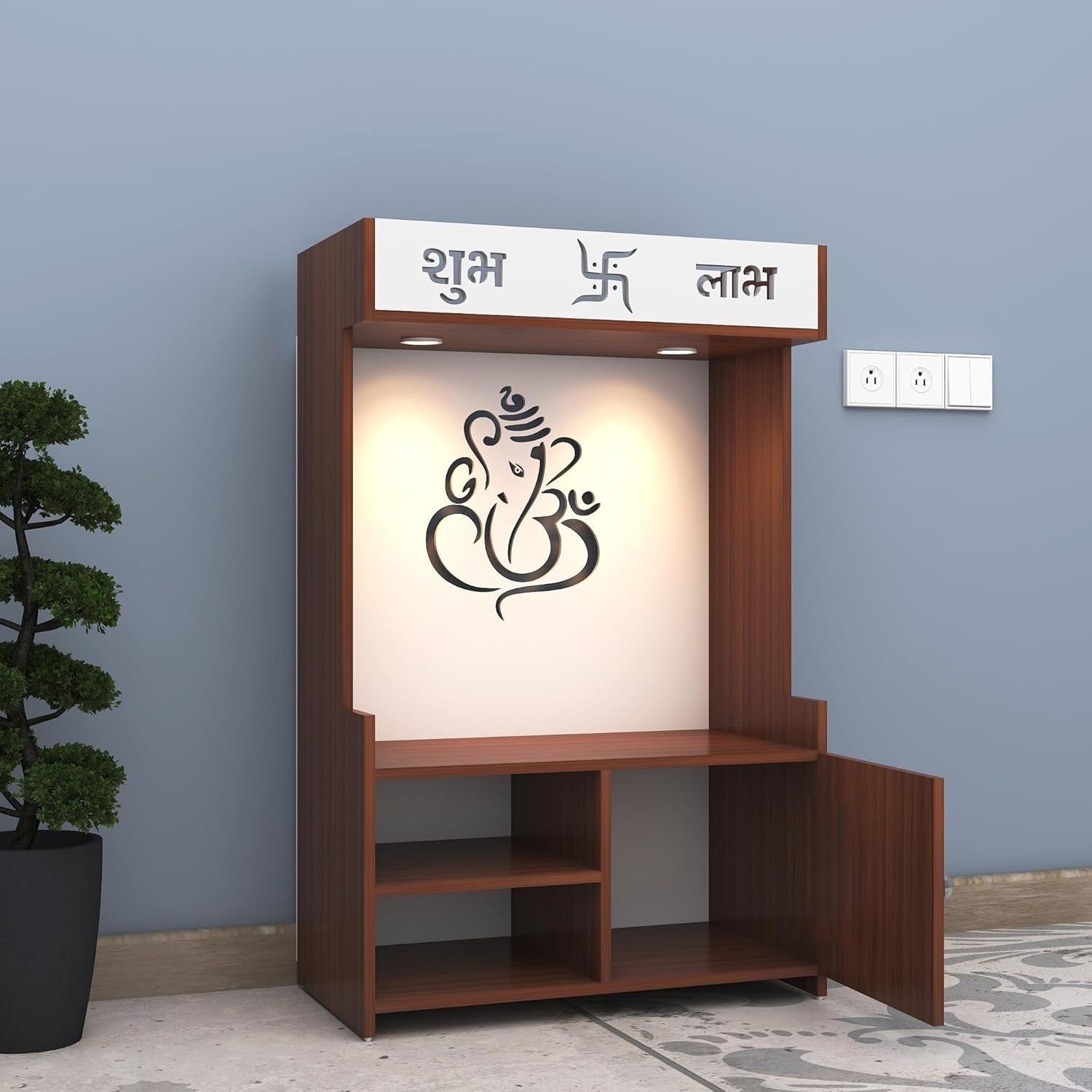 Wooden Floor Pooja Mandir with Ganesh Om Back Panel Shubh Labh Top Design & Cabinet