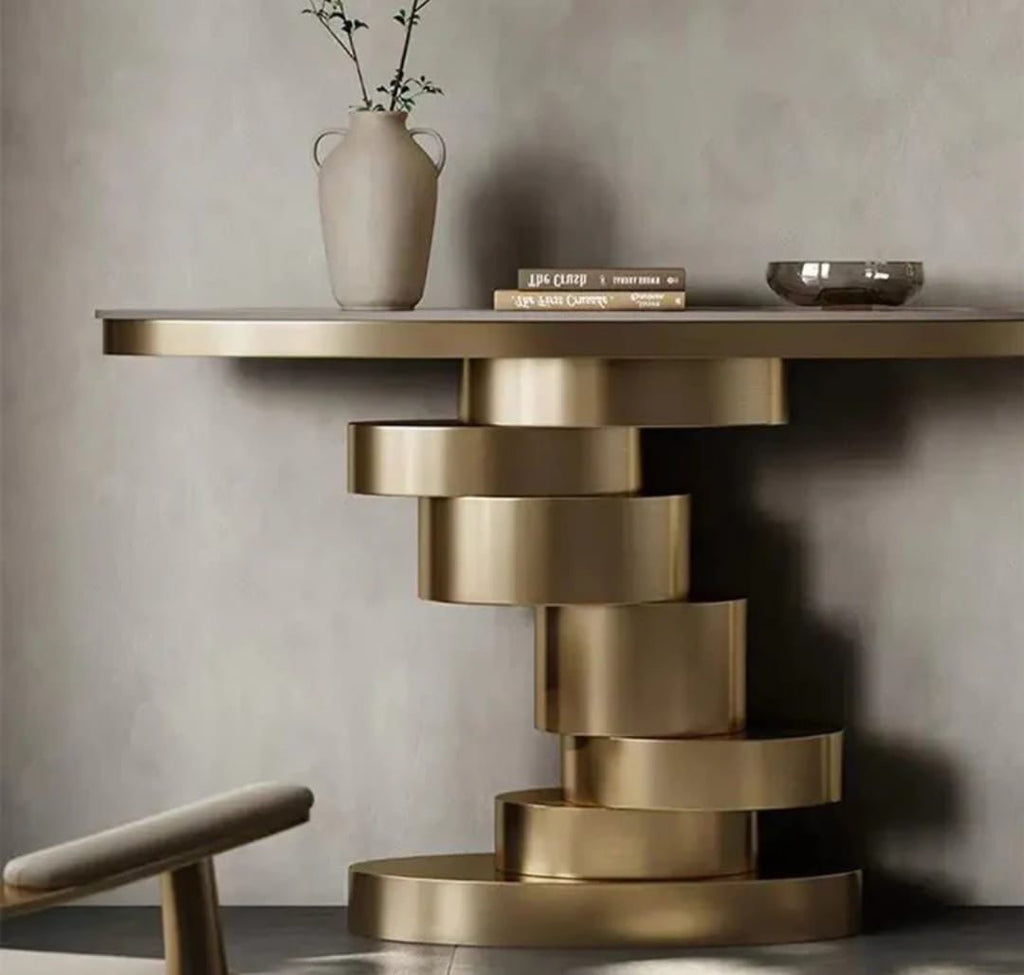 Marble Console Table with Layered Gold Pedestal