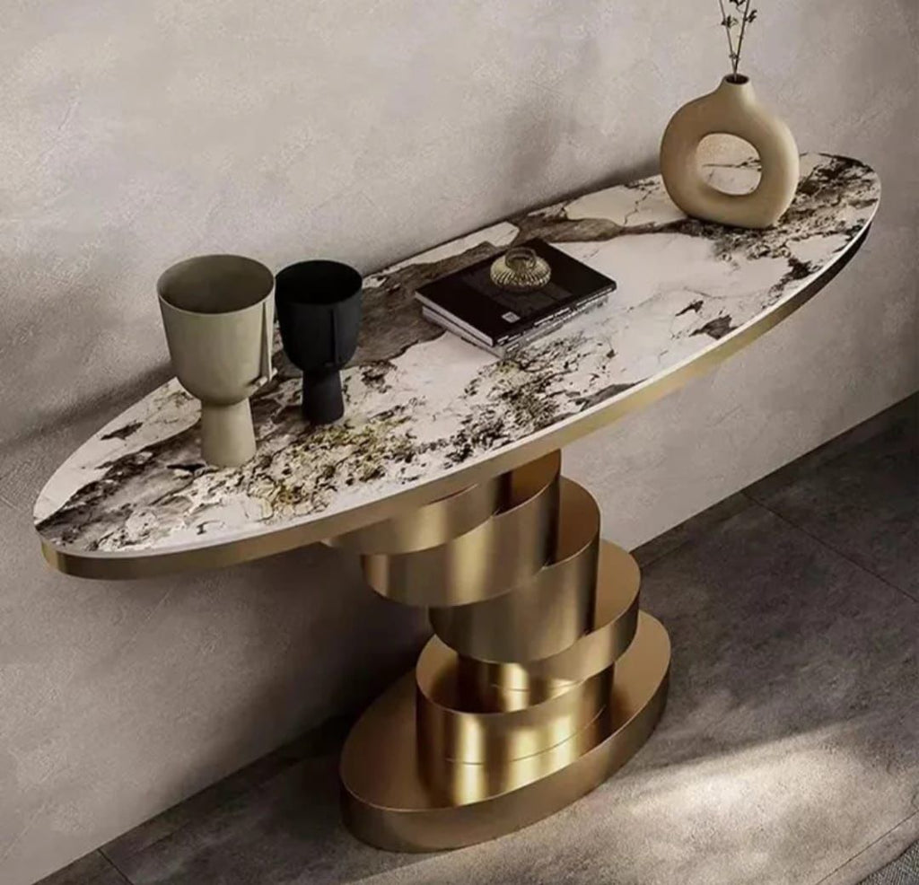 Marble Console Table with Layered Gold Pedestal