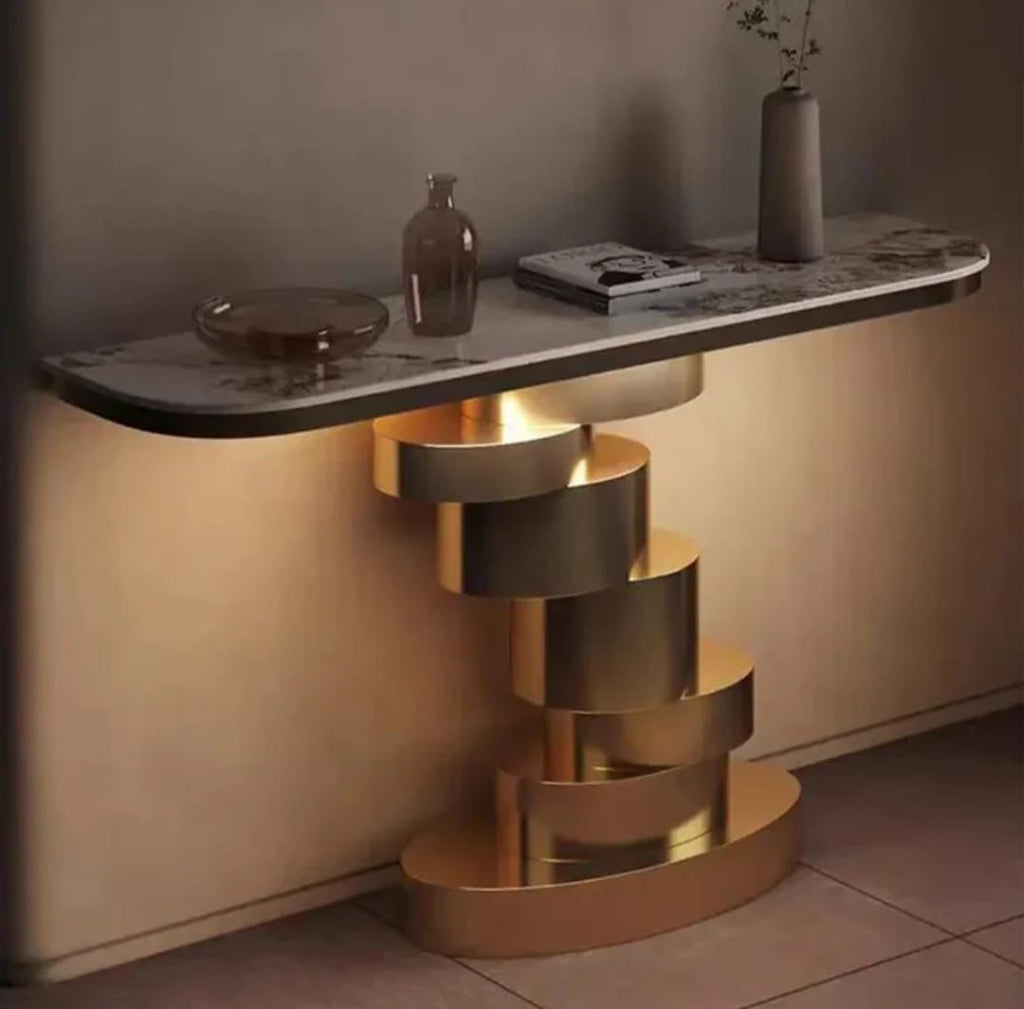 Marble Console Table with Layered Gold Pedestal
