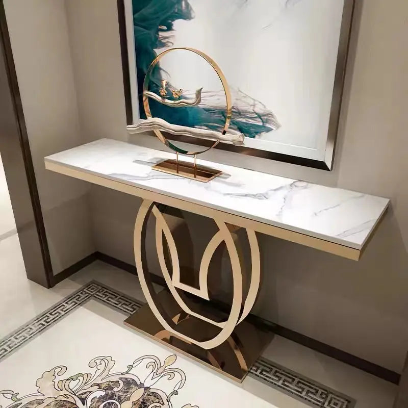 White Marble Console Table with Double Ring Gold Base