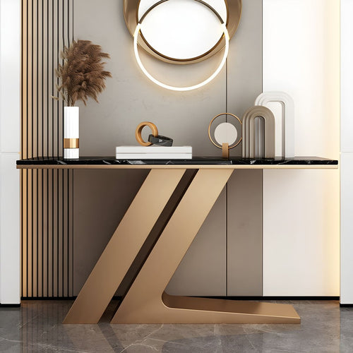 Narrow Foyer Marble Console Table with Angled Gold Stand