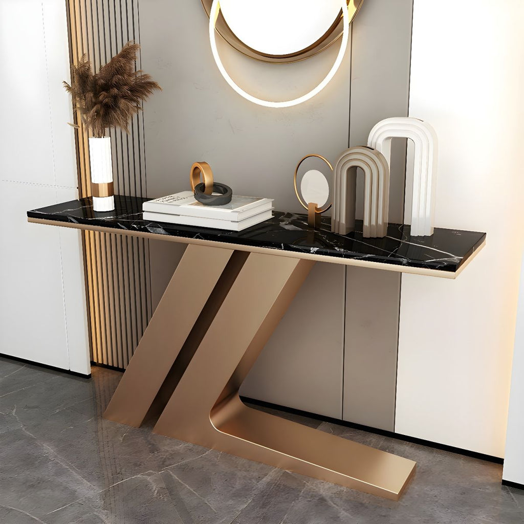 Narrow Foyer Marble Console Table with Angled Gold Stand
