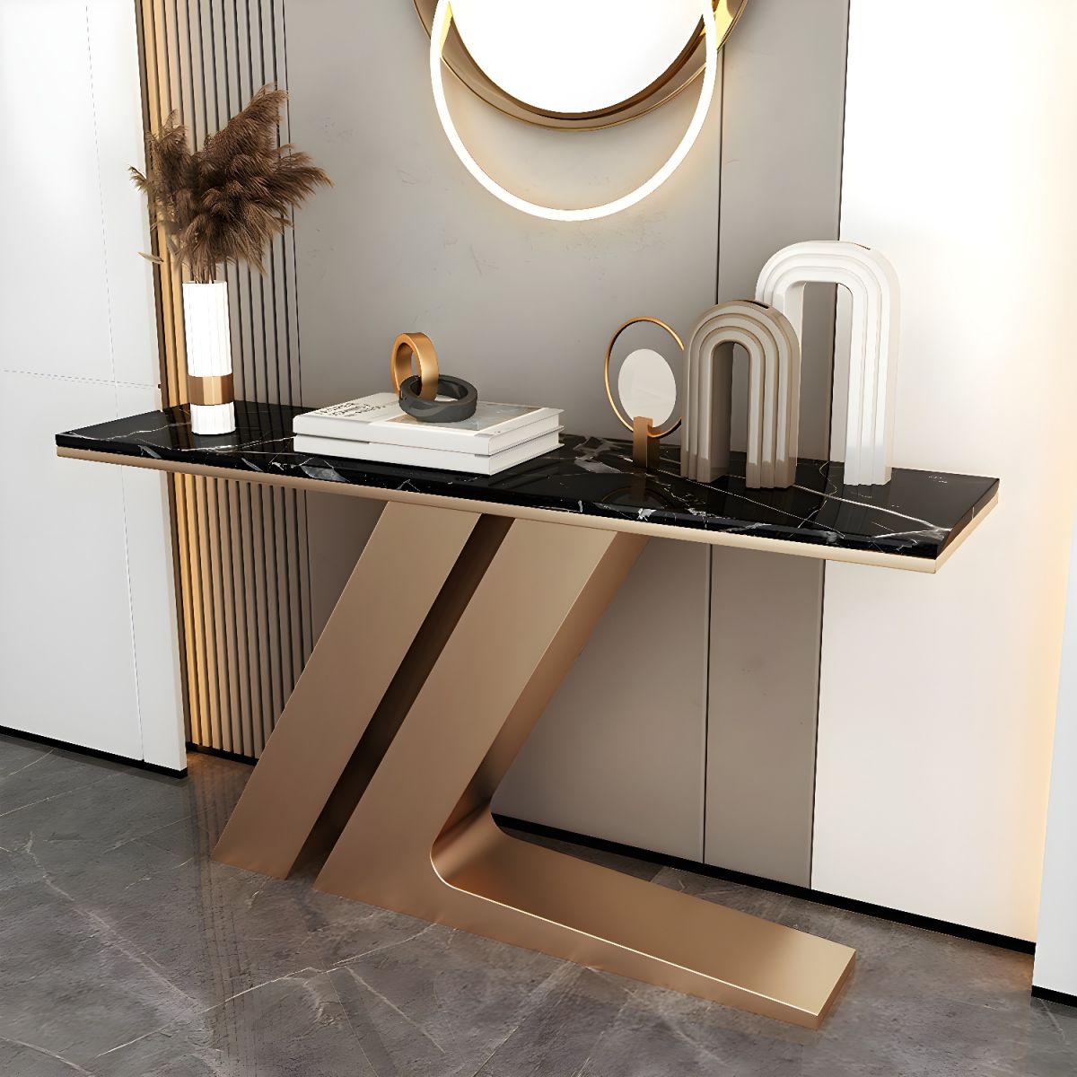 Narrow Foyer Marble Console Table with Angled Gold Stand